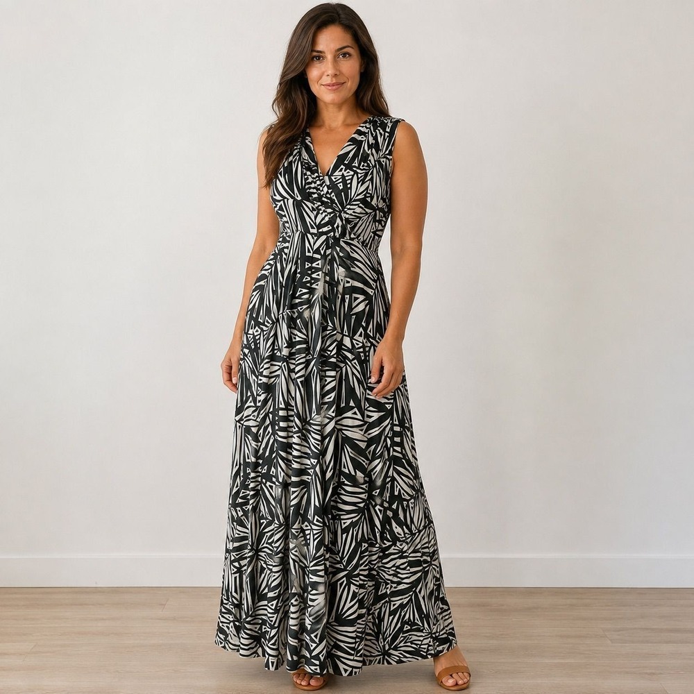 Mario Serrani Italy Green White Palm Geometric Maxi Dress Sleeveless L
